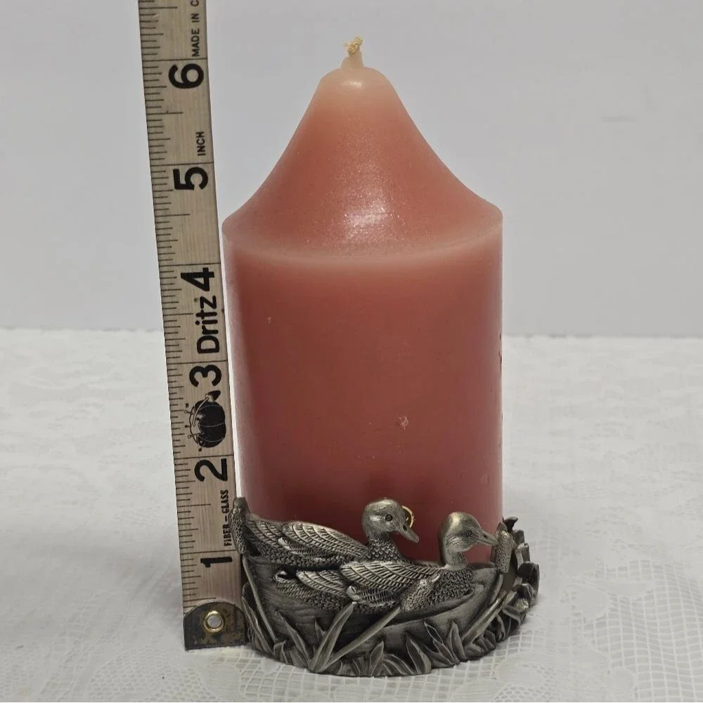 Vintage 70s Ducks In Reeds Pewter Pillar Candle Holder Cabin Country Cottage